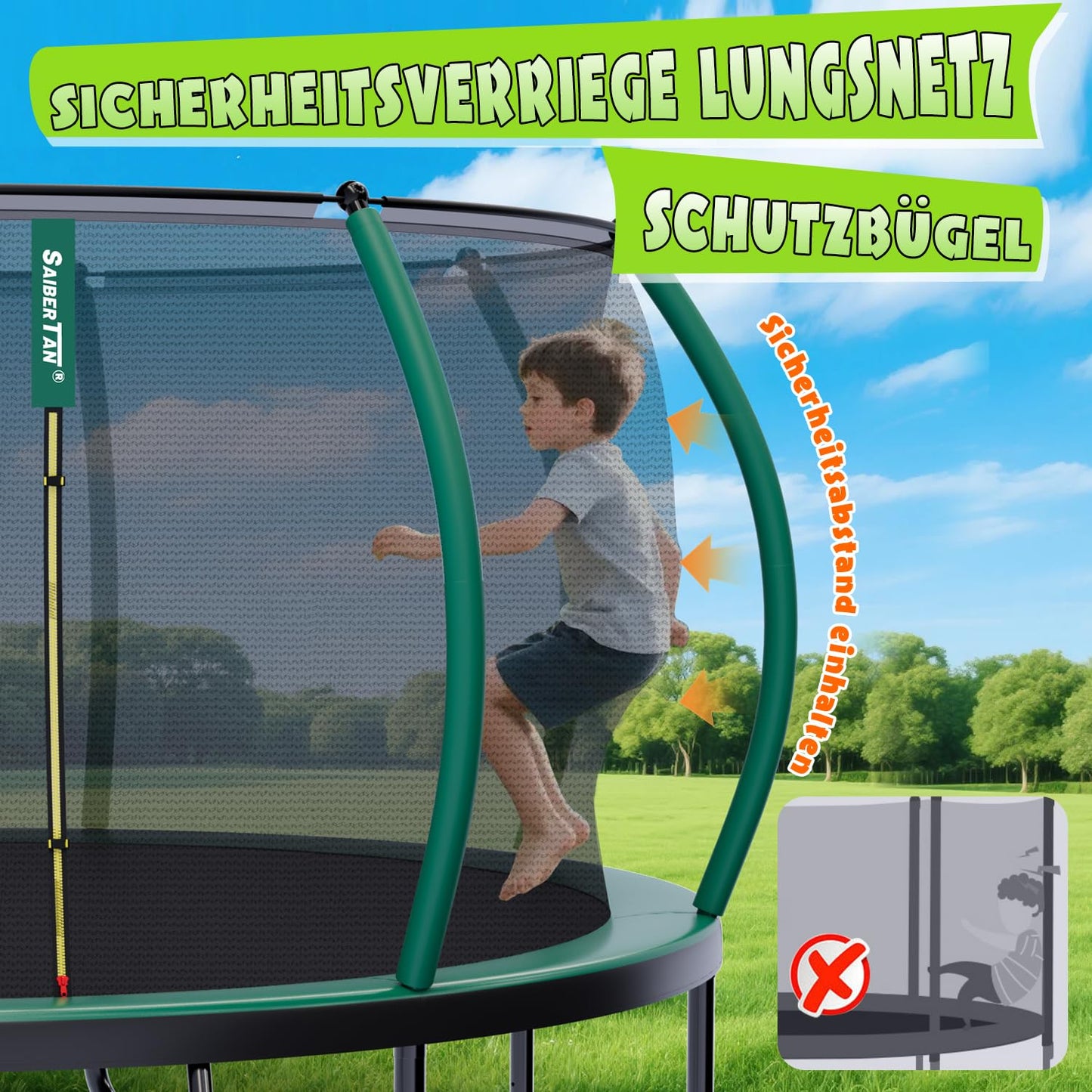 SAIBERTAN Trampolin Ø 366cm EN-71 - Sicherheitsnetz, Leiter, Fäustling, Kürbis-Design