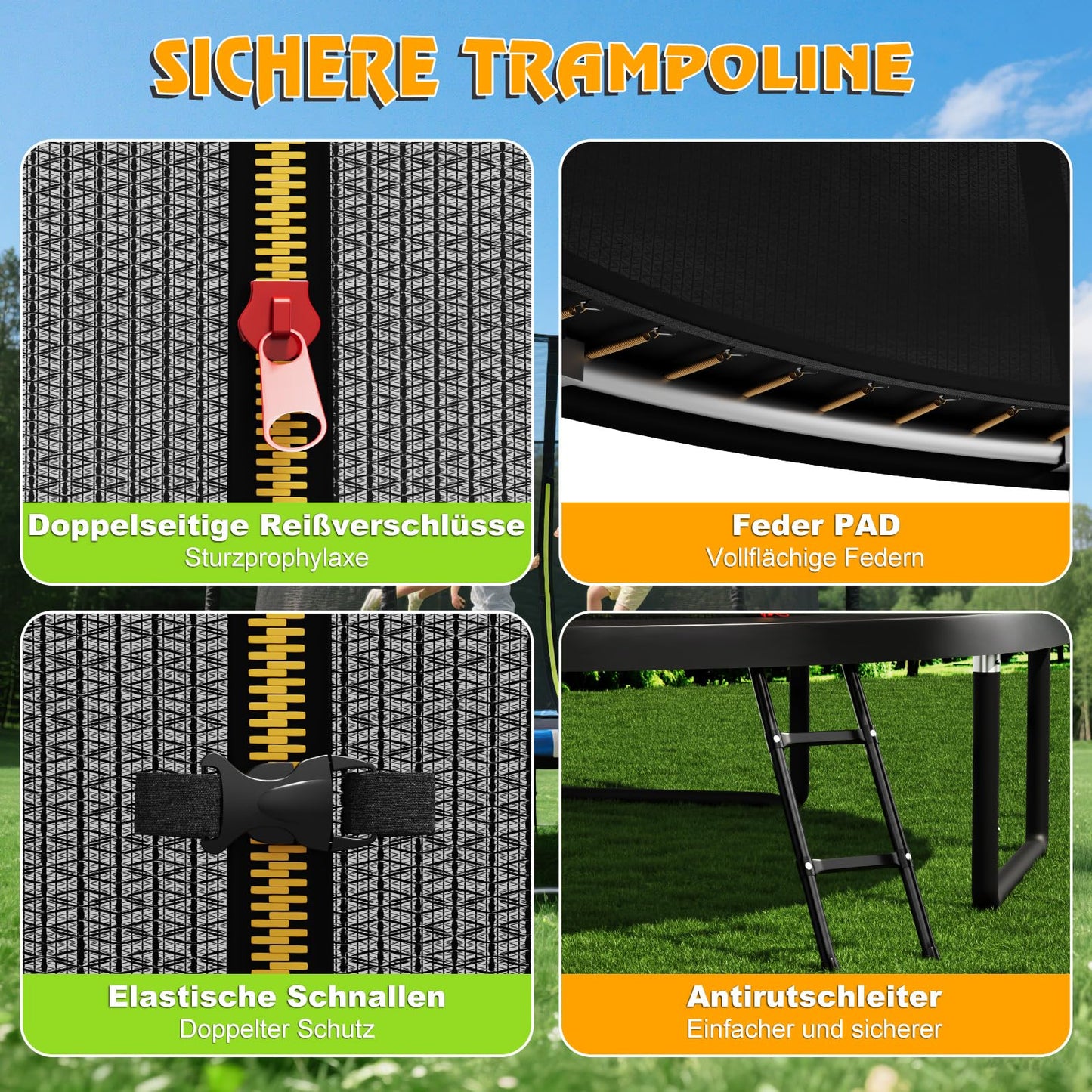 Devoko Gartentrampolin Ø 427cm GS TÜV - Sicherheitsnetz, Leiter, Schuhbeutel