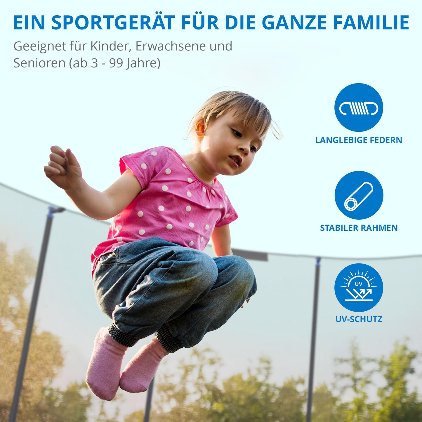 KINETIC SPORTS Salto Trampolin Ø 490cm - Kindertrampolin Set, bis 160kg, USA Tuch