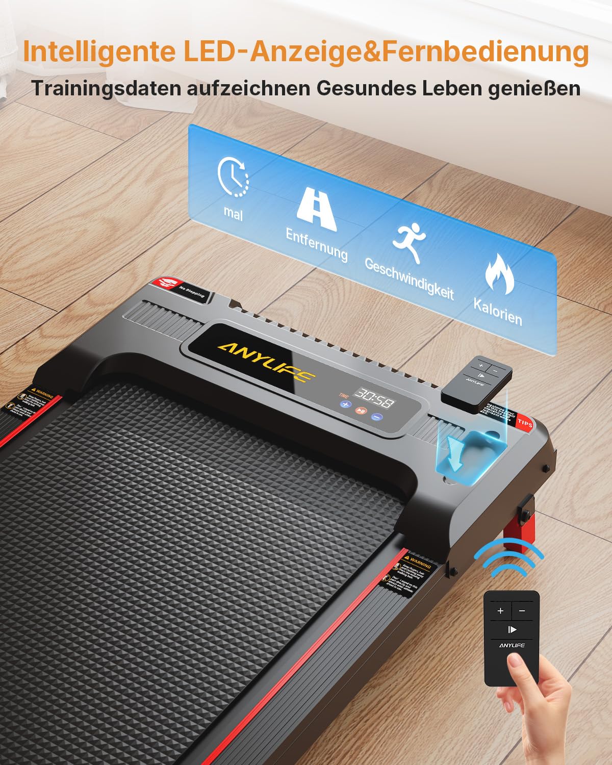 Anylife Laufband mit Steigung - Schreibtisch Walking Pad, kompakt, leise, LED, bis 150kg
