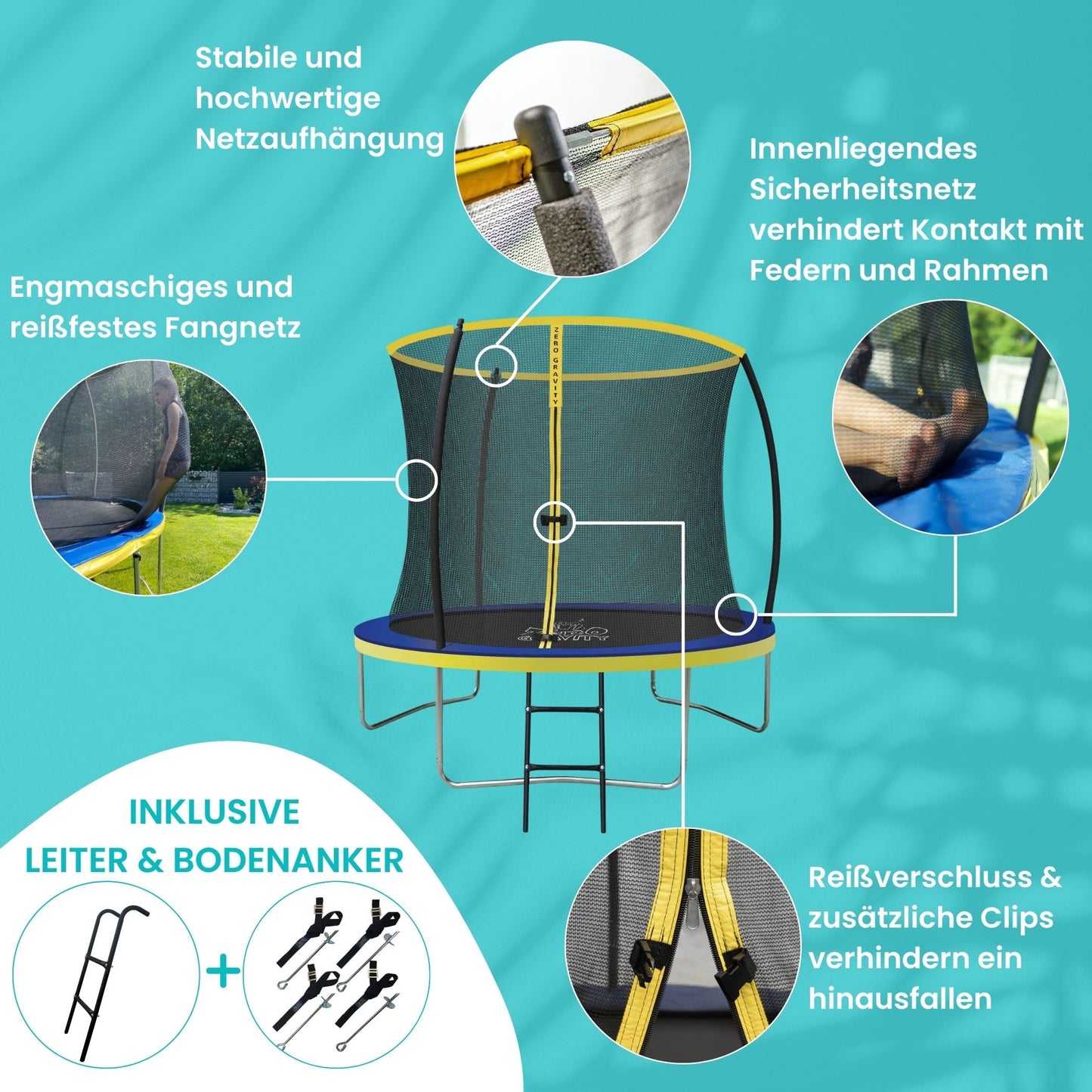 Zero Gravity Trampolin Ø 427cm TÜV - Gartentrampolin, sturmsicher, inkl. Leiter (244cm)
