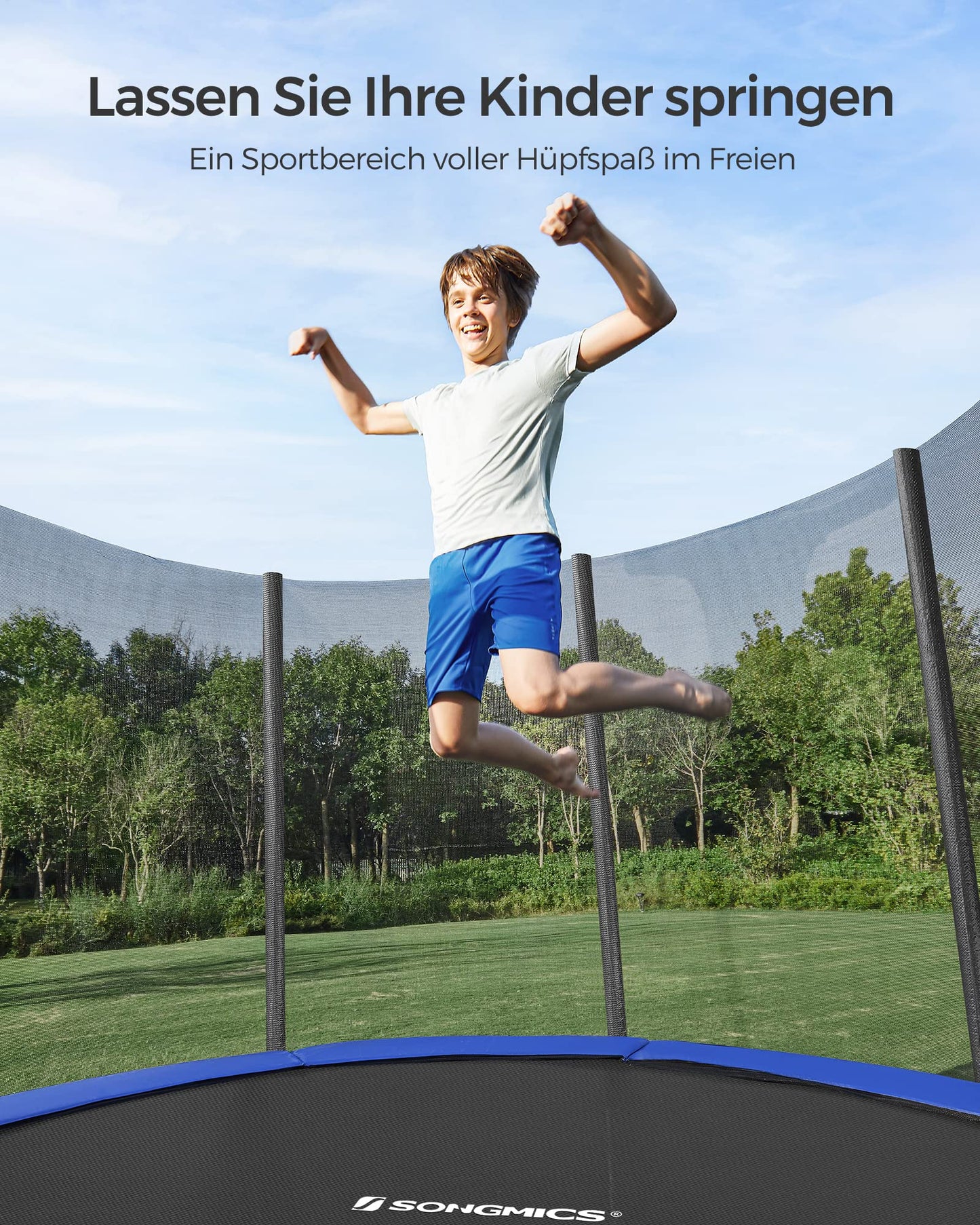 SONGMICS Trampolin Ø 366cm - Sicherheitsnetz, Randabdeckung, Leiter, 180cm Stangen