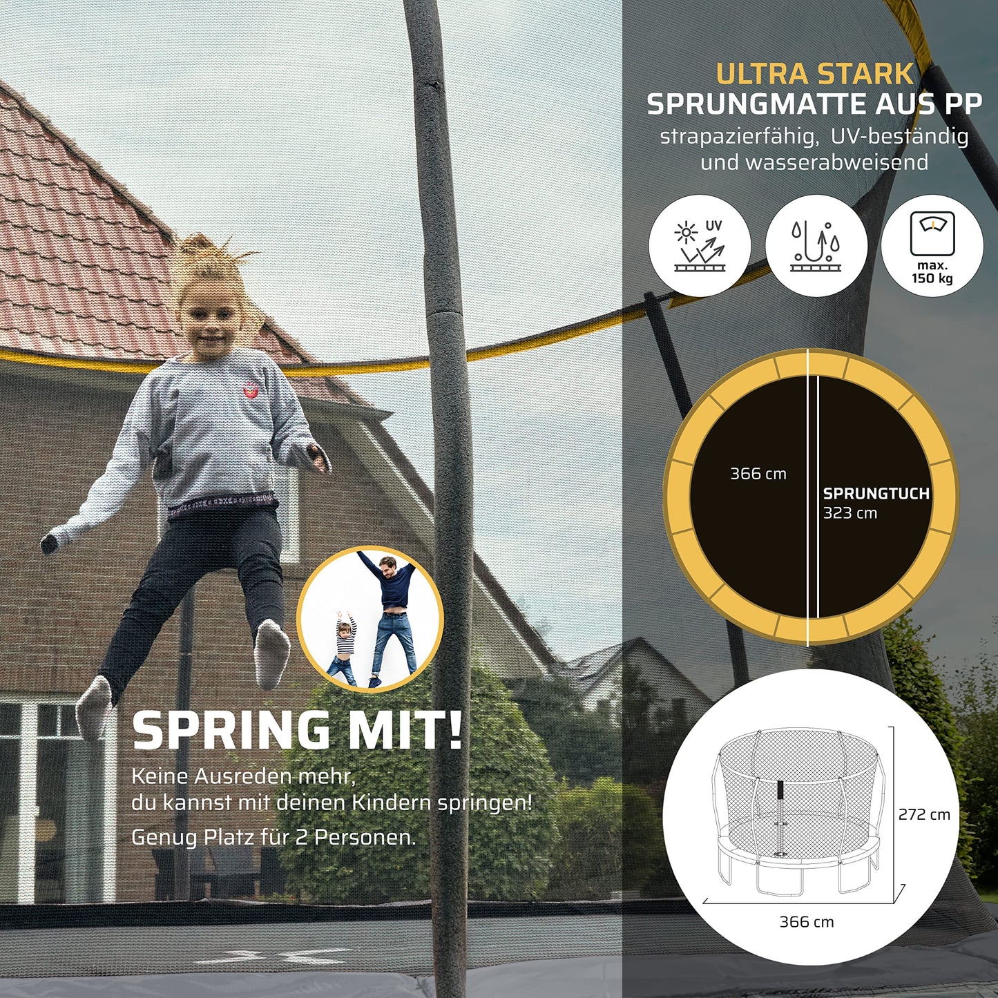SportPlus Trampolin Outdoor 366cm GS - Randabdeckung, Außenstangen, Innennetz, bis 150kg